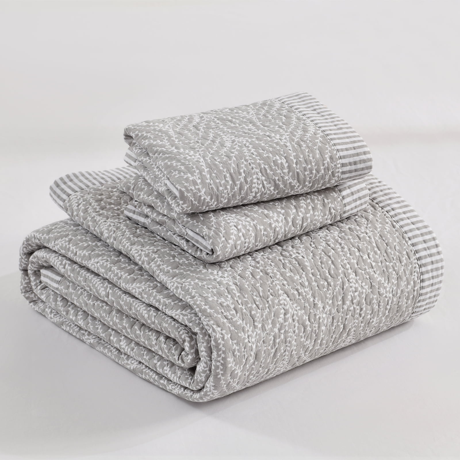 PANGUSHAN 100% Cotton King Quilt Set, Farmhouse King Size Quilt Bedding Set Bedspreads, Reversible Botanical Patterns Quilted Lightweight Comforter, Gray/White Bed Spread for King Bed