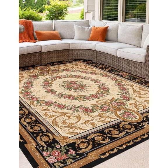 Unique Loom Outdoor Traditional Collection Area Rug - Palazzo (10' Square Black and Ivory/Green)