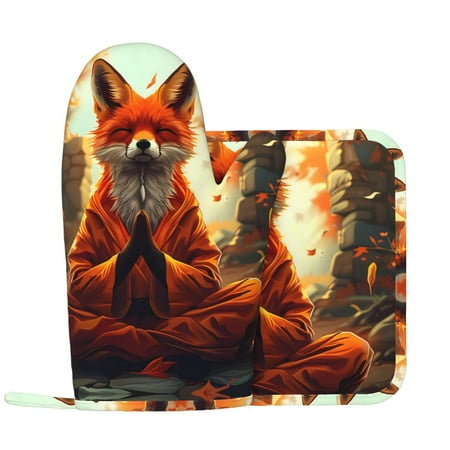 

Maple Leaf Meditating Fox Oven Mitts and Pot Holders Sets Heat Resistant Silicone Oven Mitts Pot Holders for Kitchen Cooking Baking Non-Slip Oven Gloves Hot Pads Potholders