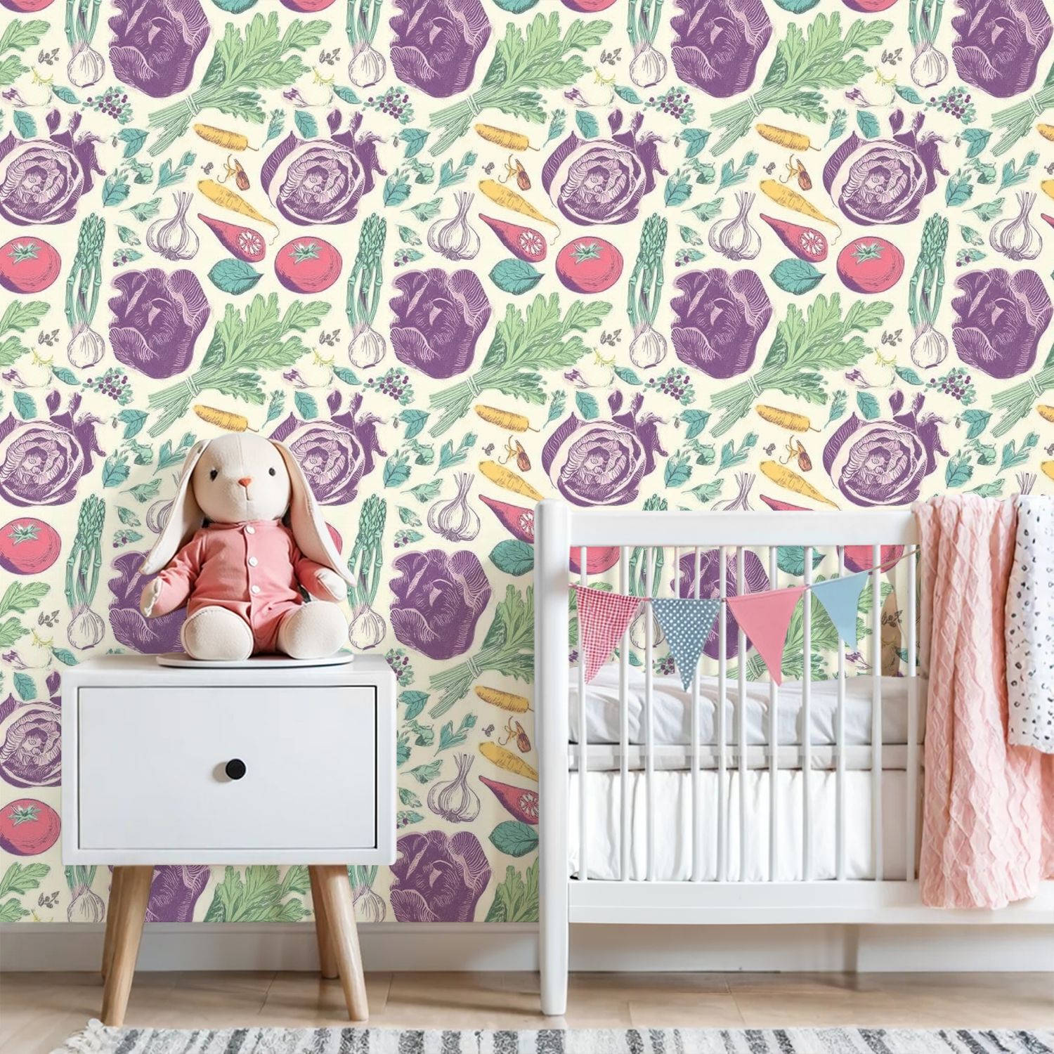 Modern Peel and Stick Wallpaper 23.6in x 9.8ft Botanical Colorful Vegetables Fresh Herbs Contact Paper Self-Adhesive Removable Wall Paper for Bedroom Kitchen Cabinet Renter Friendly