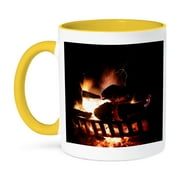 3dRose, Photgraph of a very hot fire in an outdoor fireplace., 11oz Two-Tone Yellow Mug