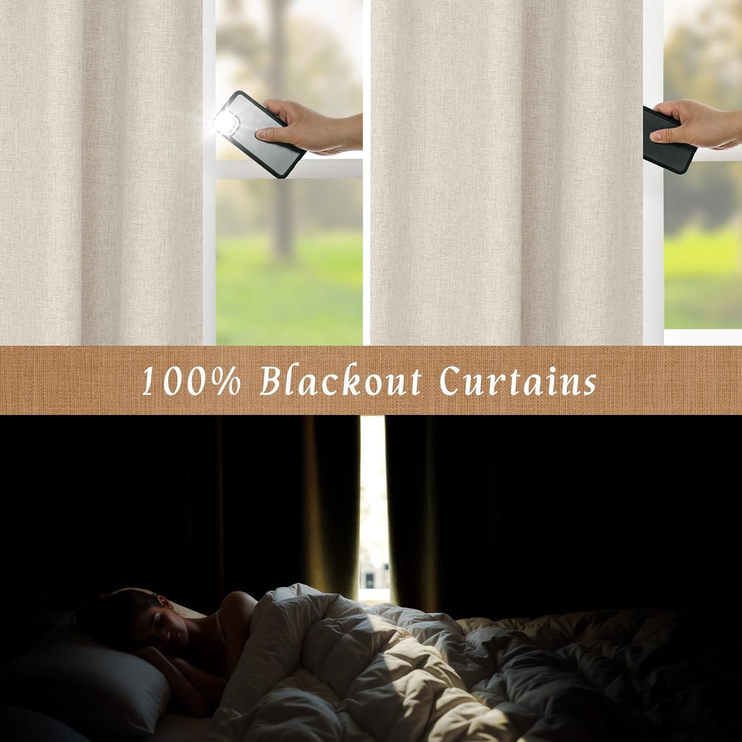 100% Blackout Natural Linen Curtains, 72 Inches Linen Textured Thermal Bedroom Curtains Back Tab and Rod Pocket Neutral Panels with White Liner for Farmhouse, 2 Panels, 52 x 72 Inch, Oatmeal
