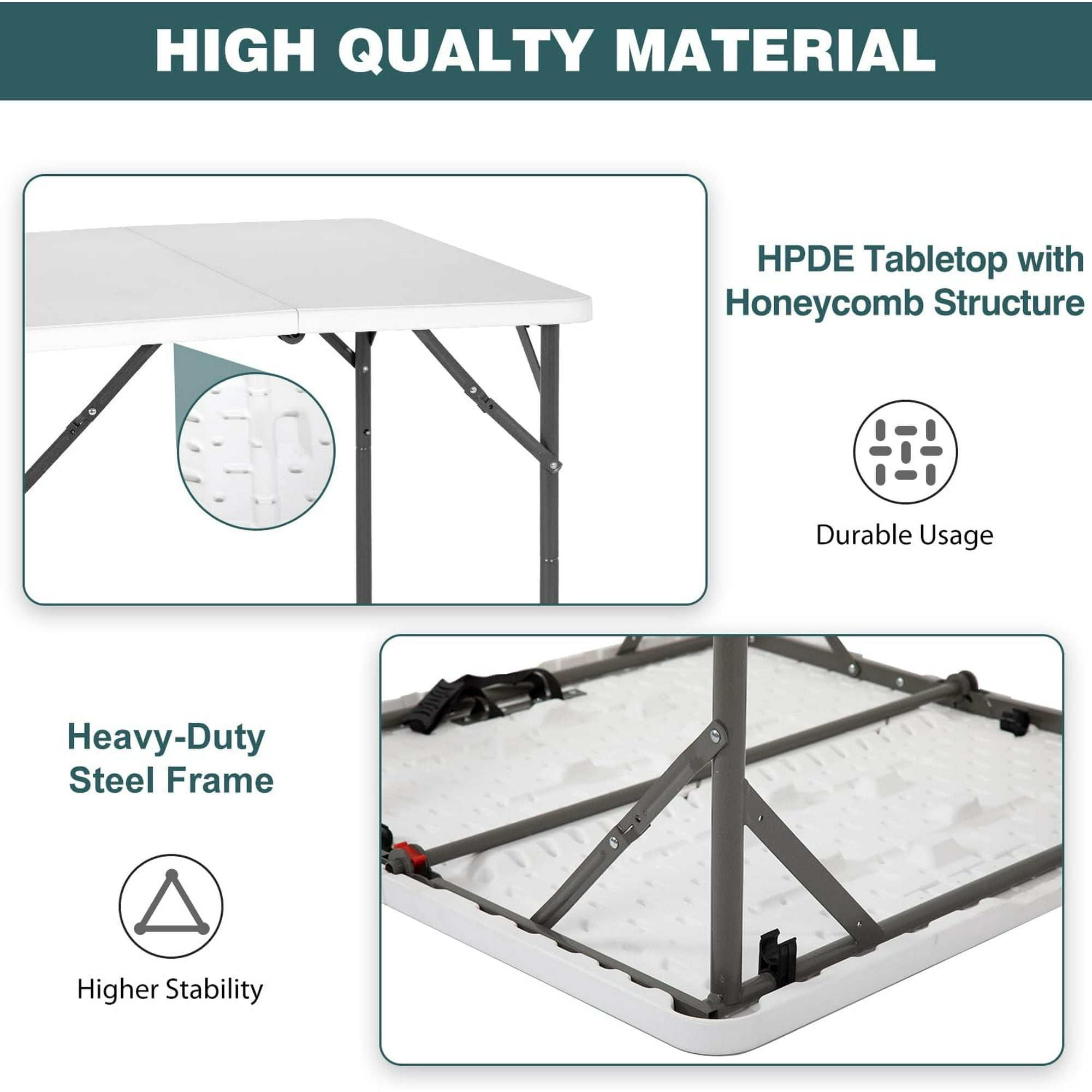 34" Folding Table, Portable Square Folding Card Table With Collapsible Legs & Carrying Handle, Plastic Tables For Camping,Picnic, Office, Party, Grey