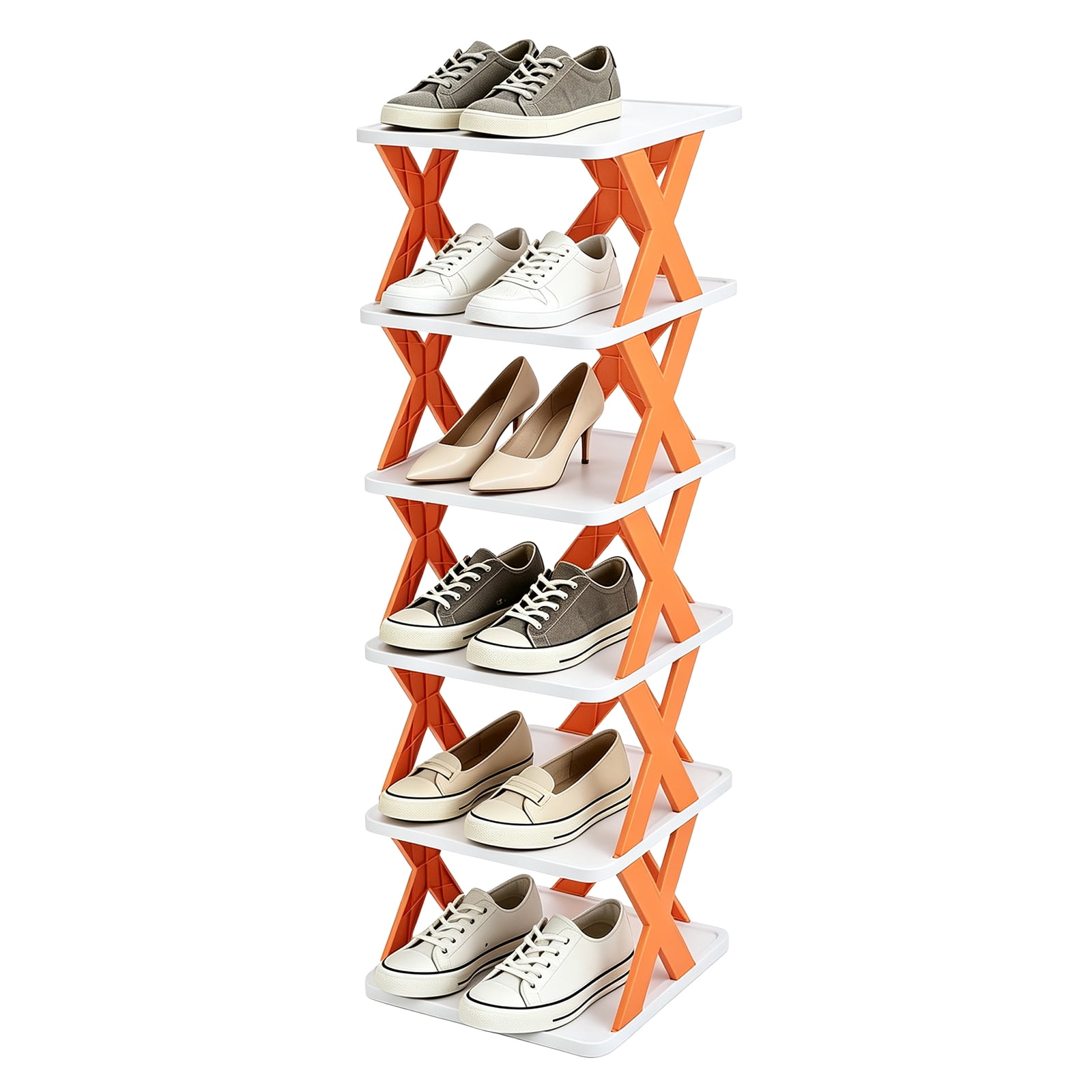 Uxcell Shoe Rack Narrow Shoe Rack 6-Tier Orange Stand White Panel Vertical Free Standing Storage Organizer Small Folding Holder Stackable Space-Saving Shelf for Entryway Closet Bedroom