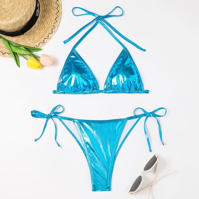 iTNHFP Plus Size Swimwear Full Coverage Women Bikini Sets Shiny String Padded Triangle 2 Pieces Swimsuit Set