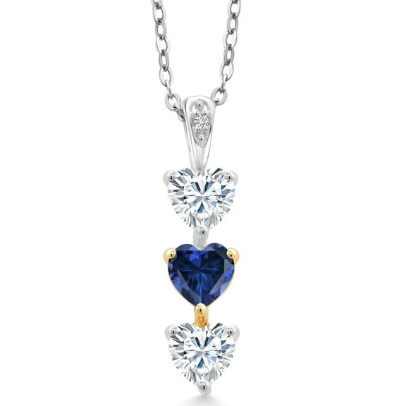 Gem Stone King 925 Silver and 10K Yellow Gold Blue Created Sapphire White Moissanite and Lab Grown Diamond 3 Stone Heart Shape Pendant Necklace By Keren Hanan (1.35 Cttw, with 18 inch Chain)