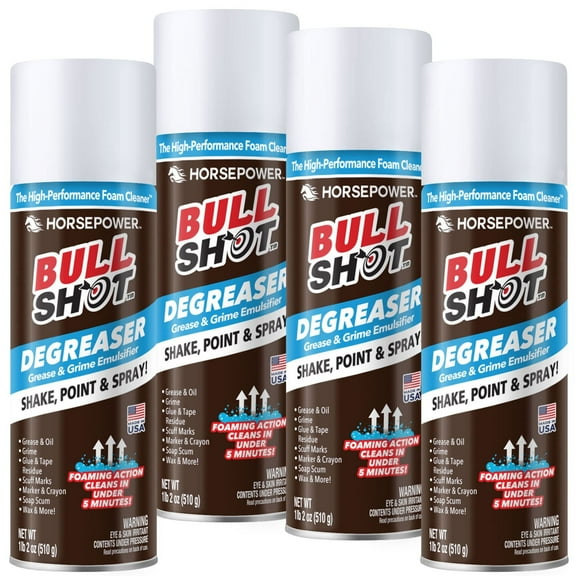 Bull Shot Grease, Super-Concentrated Foaming Degreaser & Cleaner, AS-SEEN-ON-TV, Made in the USA, Shake, Point & Spray, Emulsifies Grease & Grime in Kitchen, Bathroom & More 4PK