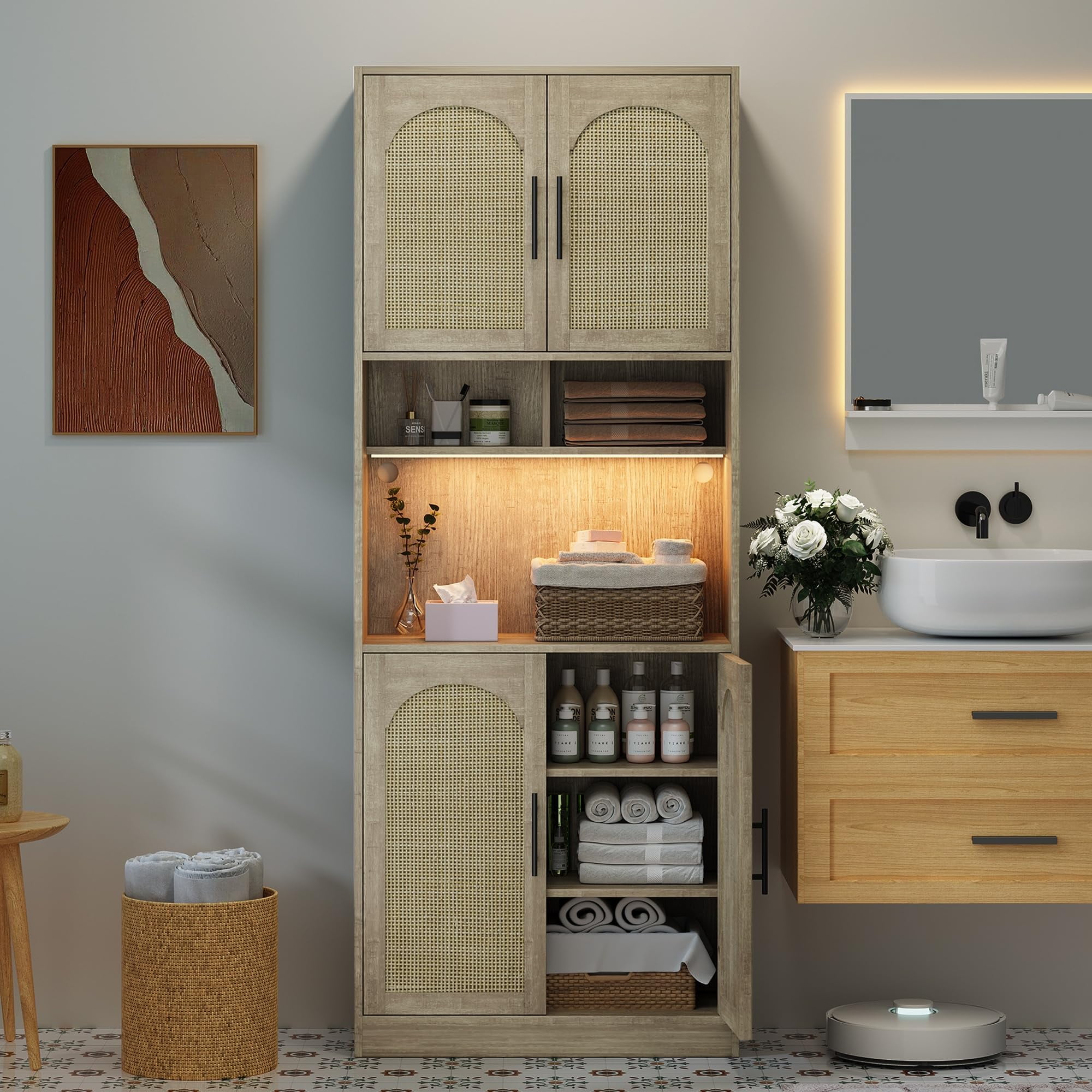 71" Tall Kitchen Storage Cabinets,Pantry Cabinet for Kitchen Storage with LED Light,Microwave Stand with Storage,Freestanding Kitchen Hutch,Kitchen Pantry Storage Cabinet with Microwave Shelf
