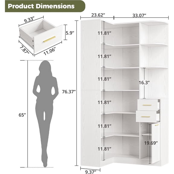 Corner Bookshelf, 76" Tall L-Shaped Bookcase with 10 Shelves and 2 Drawers for Living Room Home Office