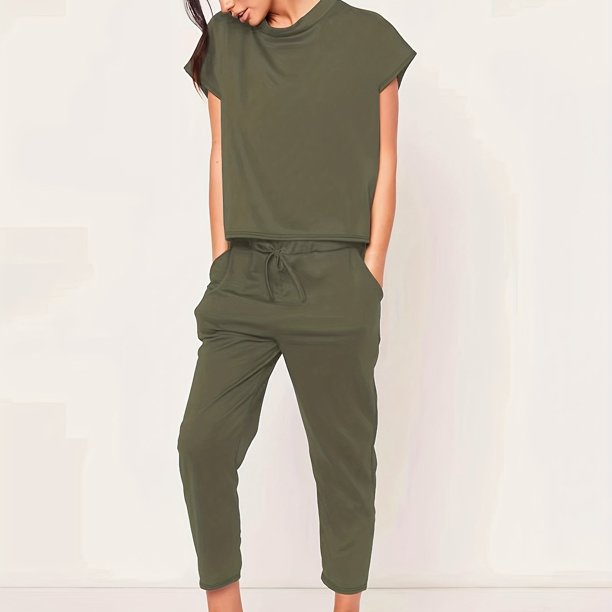 Conjunto de dos piezas de trajes de pantalón sólidos casuales, tops de cuello redondo de manga corta y conjunto de pantalones recortados con cordón, ropa de mujer