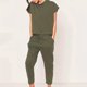 thumbnail image 1 of Conjunto de dos piezas de trajes de pantalón sólidos casuales, tops de cuello redondo de manga corta y conjunto de pantalones recortados con cordón, ropa de mujer, 1 of 4