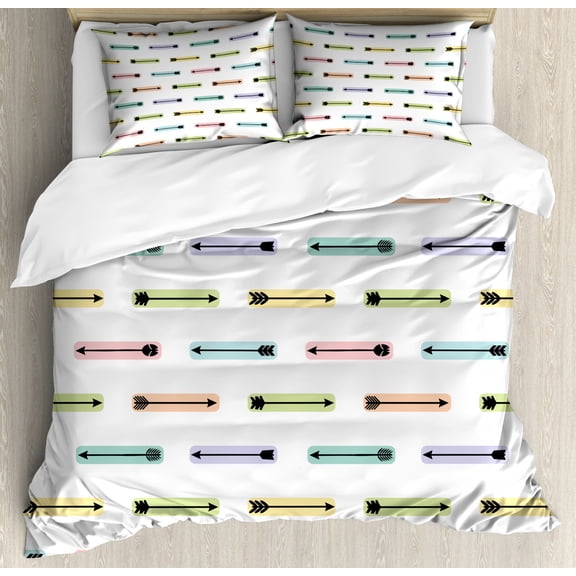 Arrow Duvet Cover Set Queen Size, Horizontally Arranged Long Pointy on a Plain Background Cultural Vibes, Decorative 3 Piece Bedding Set with 2 Pillow Shams, Multicolor, by Ambesonne