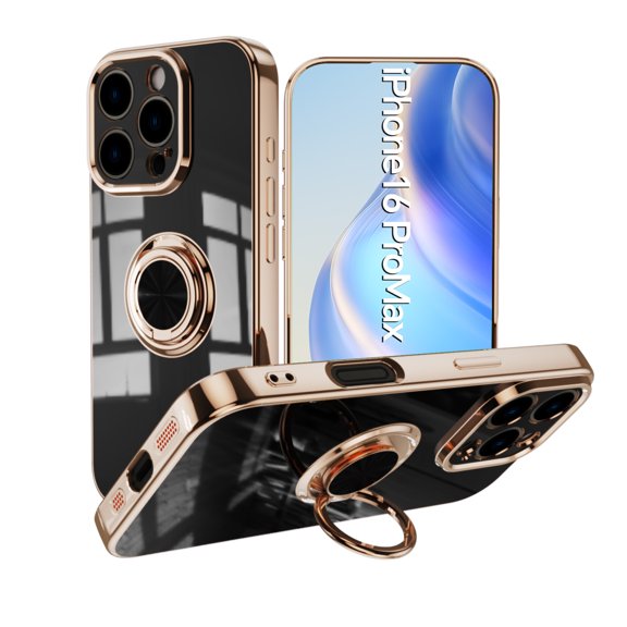 Design for iPhone 16 Pro Case, Soft TPU Edge Plating 360 Degree Rotation Ring Holder Kickstand Protective Anti-Scratch Cover Magnetic Work with Car for iPhone 16 Pro, Black