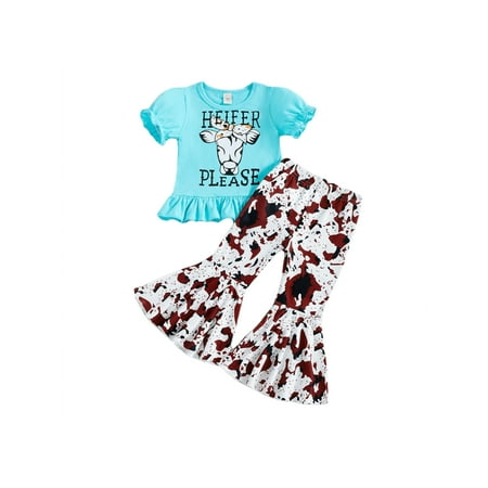 

Frobukio Toddler Baby Girls Outfits Ruffle Long Sleeve Solid Color Dress Tops + Bell Bottom Flared Pants Clothes Set Blue 9-12 Months