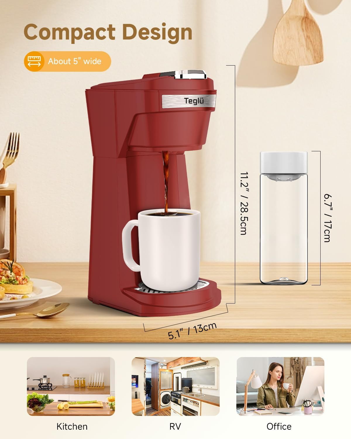 Single Serve Coffee Maker for K Cup Pod & Ground Coffee 2 in 1, K Cup Coffee Machine 14 oz Brew Size, Mini Single Cup Coffee Pod Fast Brew, Reusable Filter, Red