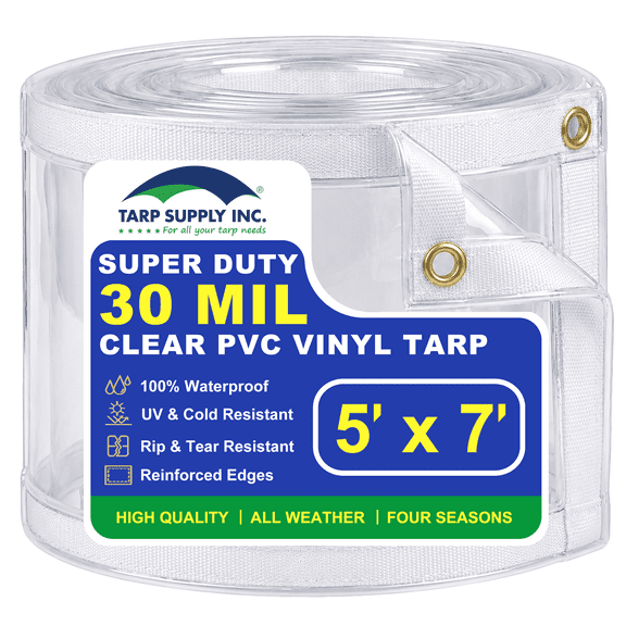 Clear Tarp 30 Mil - 5x7ft Extreme Heavy Duty Transparent PVC Vinyl Tarpaulin with Brass Grommets, Waterproof, UV Protection & Tear Resistant for Outdoor Cover, Plant, Garden, Patio Enclosure