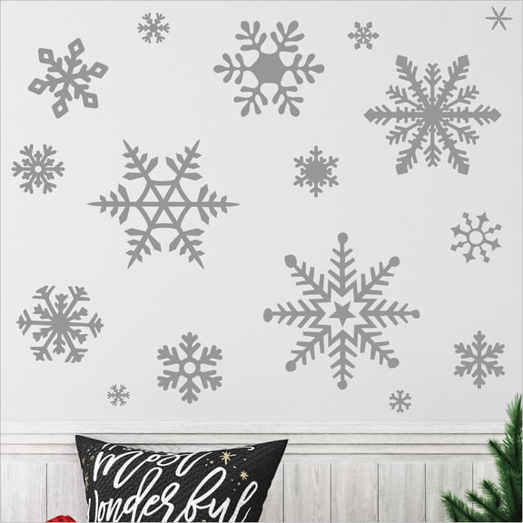 Winter Snowflakes Christmas Decals and Decor Vinyl Lettering Decal Stickers Self Adhesive - XXL Set- Qty 12 - Sizes Range from 5"-16" - Color: Metallic Silver