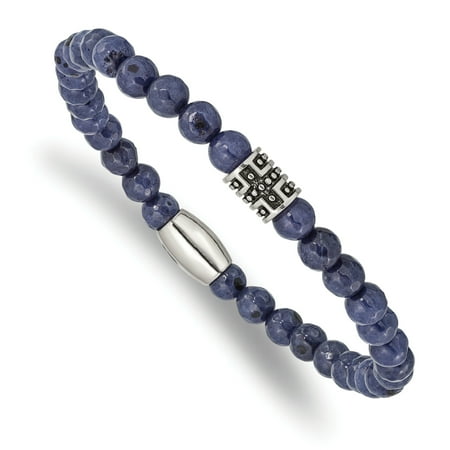 - Chisel Stainless Steel Antiqued and Polished Cross Blue Jade Stretch Bracelet