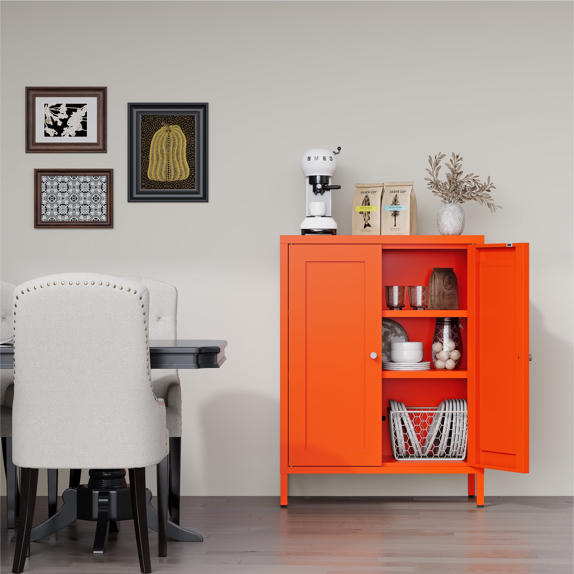 Elegant Bathroom Floor Storage Cabinet,Sideboard Cabinet with Adjustable Shelves,Freestanding Organizer Rust-Proof Locker,Living Room,Hallway,Orange