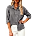 thumbnail image 4 of Chambray Denim Shirt Women Long Sleeve Button Down Western Jean Shirts Collared V Neck Roll Up with Pockets Boyfriend Baggy Shacket Casual office, 4 of 8