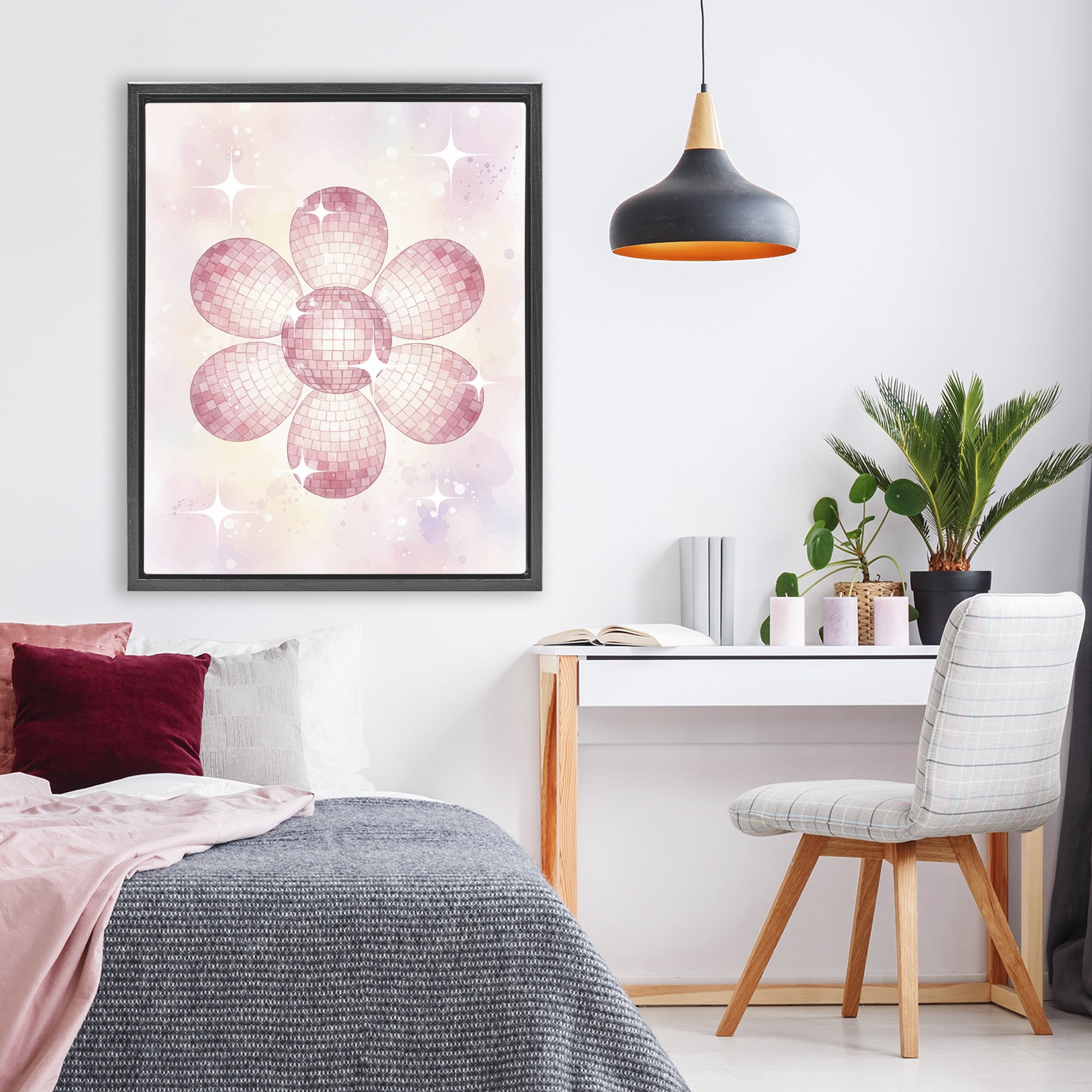 Stupell Industries Dreamy Pink Disco Ball Flower Black Framed Floater Canvas Wall Art, design by Lil' Rue