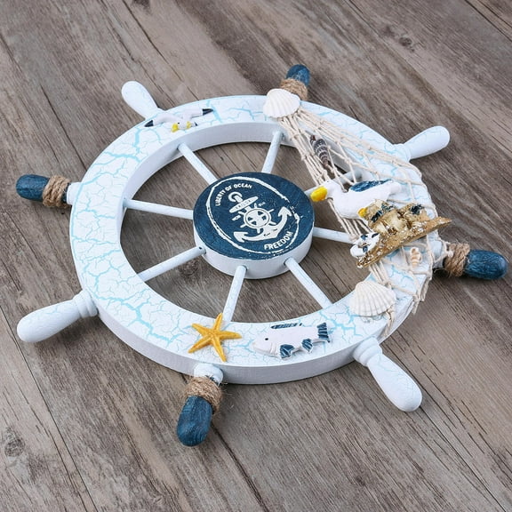 MLINS Wooden Ship Wheel Nautical Beach Wall Decor with Light Blue White Spokes 8 Inch Diameter