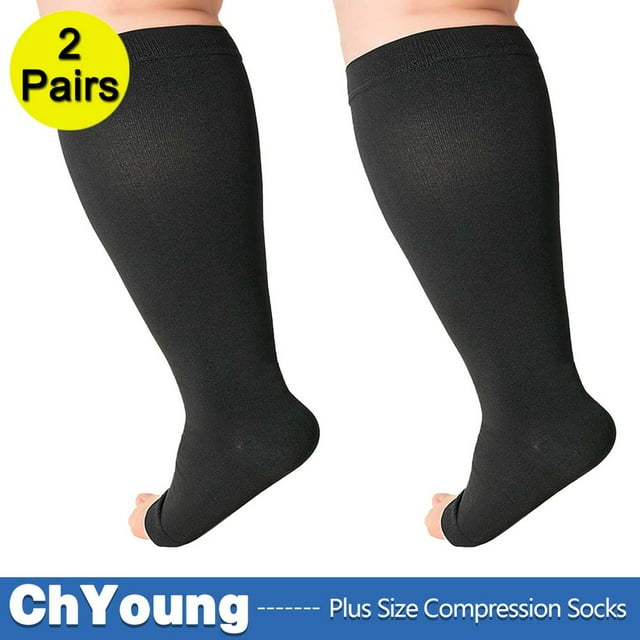 CNKOO 2Pack 4XL Toeless Compression Socks Unisex Extra Wide Calf Open Toe Support Circulation 20-30 mmHg Knee High for Fatigue Pain Leg Swelling Soothing Comfy Gradient Support Prevents E