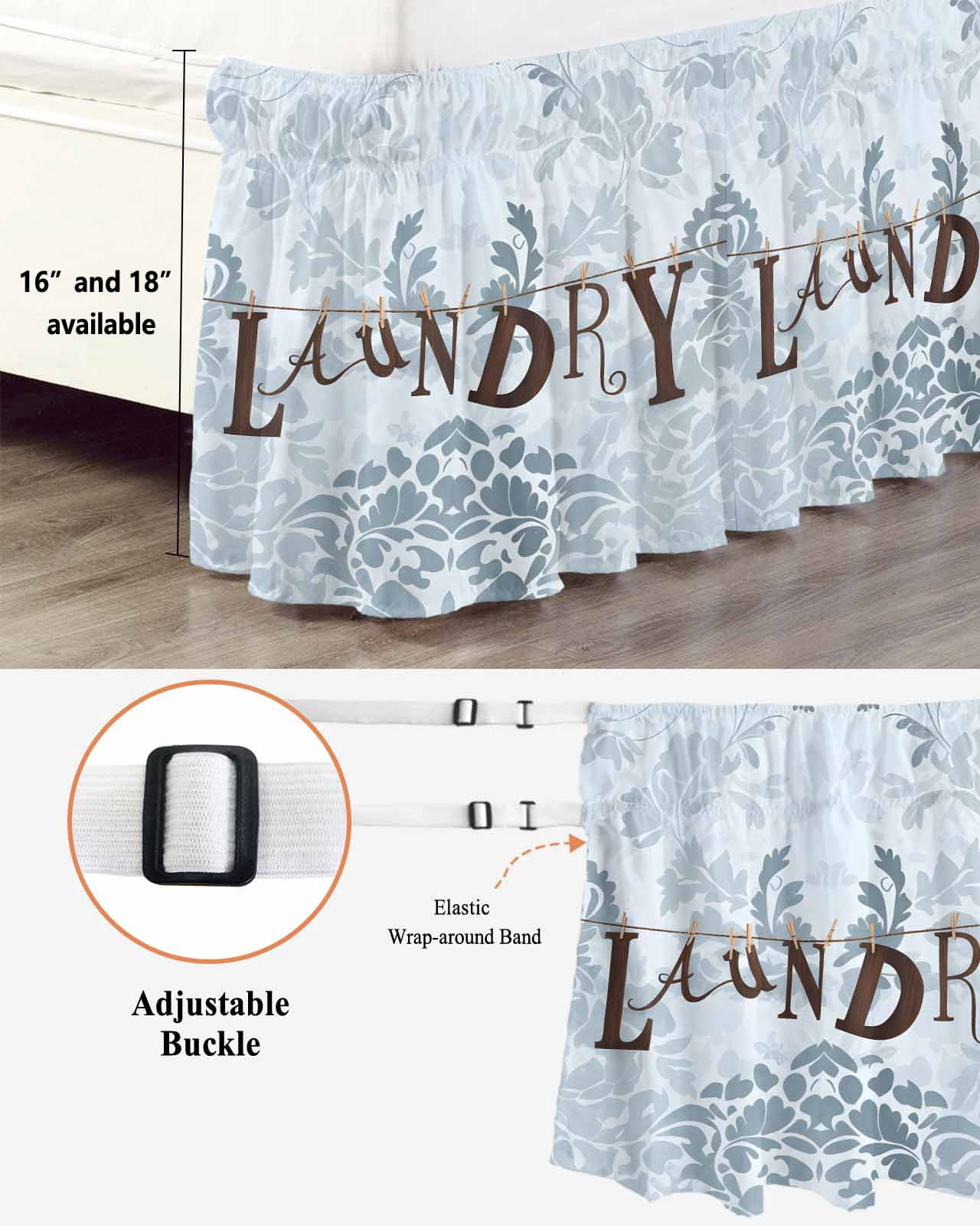 Laundry Bed Skirt Vintage Flower Country Style Bed Skirts Queen Size 16 Inch Drop, Wrap Around Dust Ruffle&nbsp;Bedskirt with Adjustable Elastic Belt for Queen Size Beds