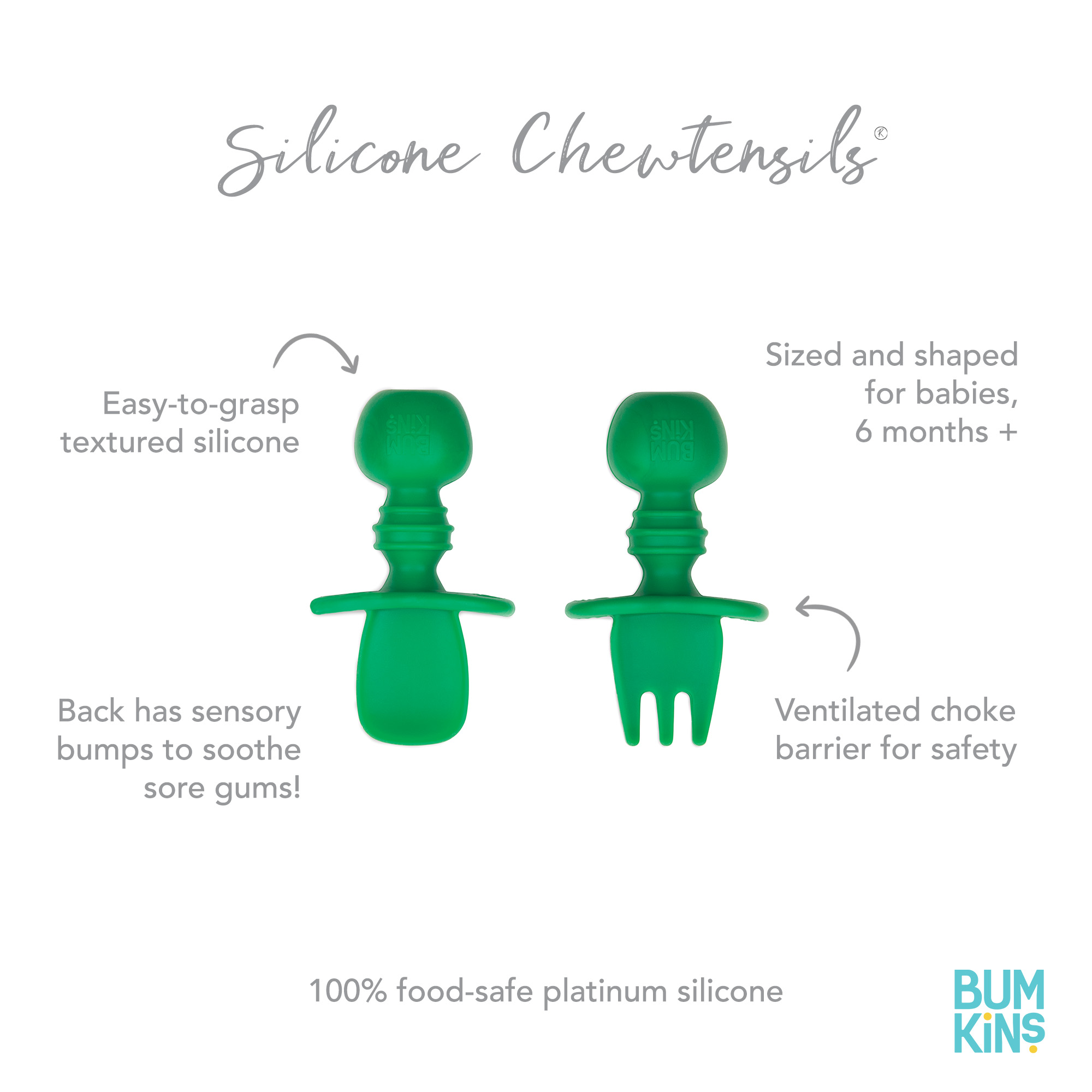 Bumkins Baby Feeding Chewtensils, Training Fork and Spoon Set, Utensils Ages 6 Mos+ (Jade)
