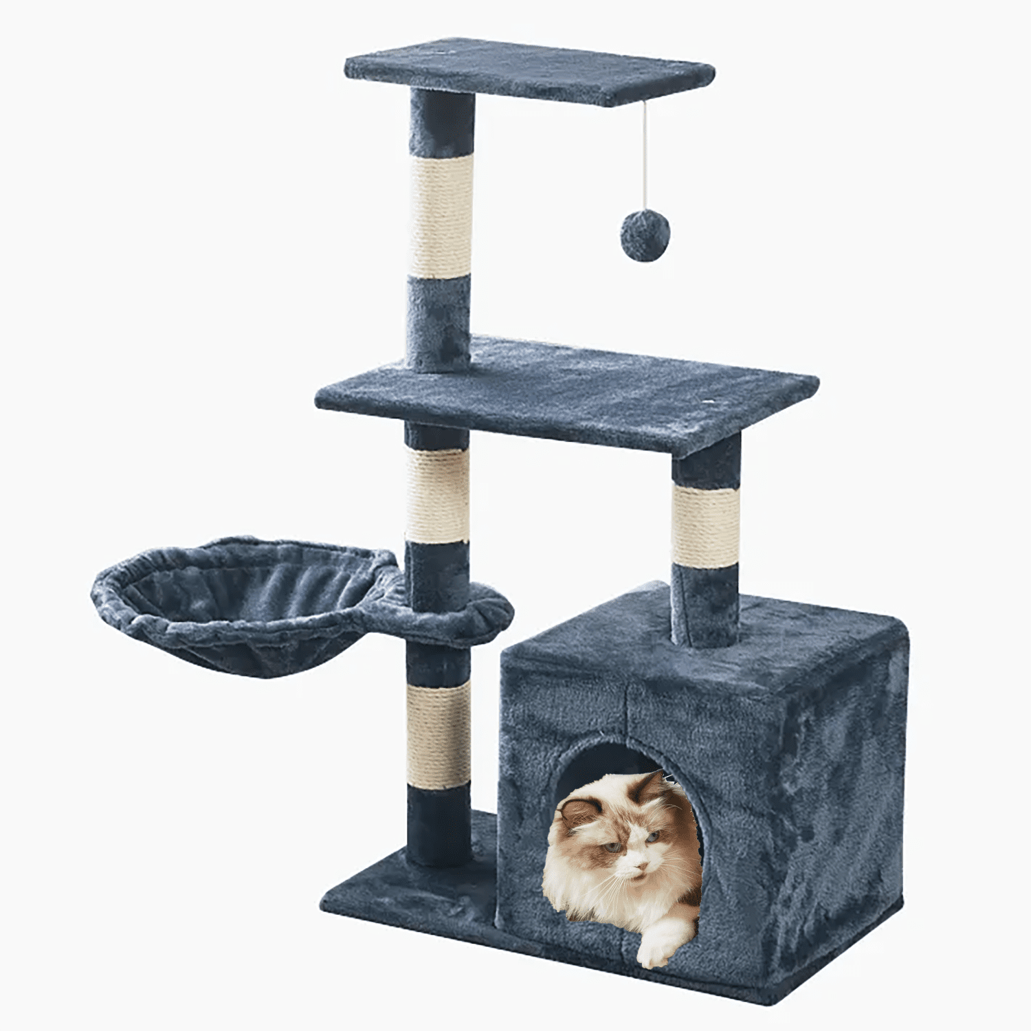 Asunby Cat Tower Tree,38-inch Multi-Level Cat Tree for Kittens | Gray-Blue | 2 Hammocks, Top Platform & Pompoms