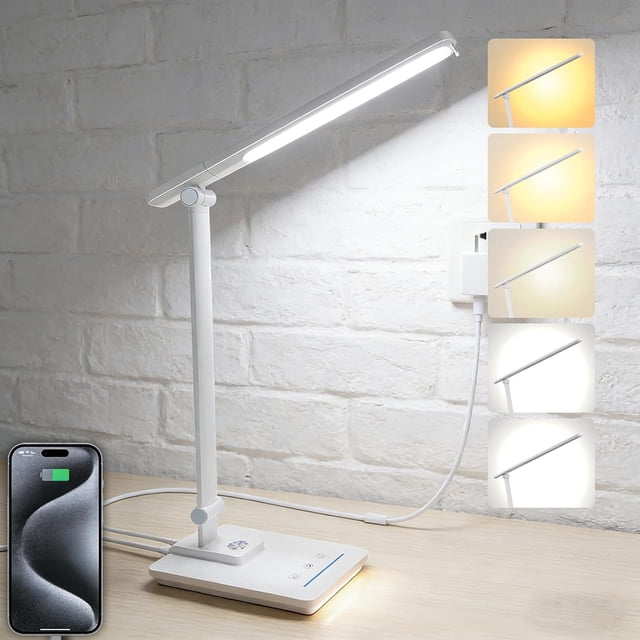 Lámpara de escritorio LED con 5 temperaturas de color | Regulación continua deslizante y temporizador de un toque | Diseño plegable y portátil para oficina/estudio/arte de uñas | Carga