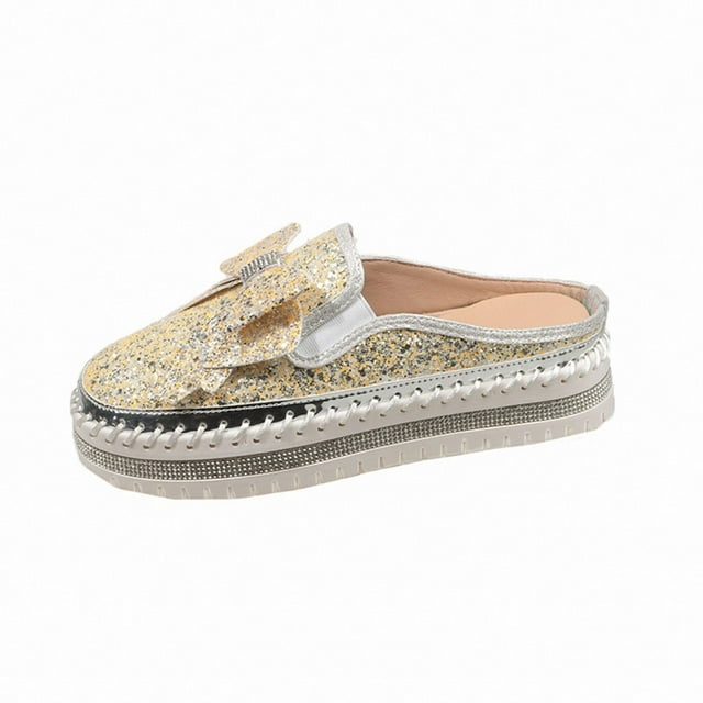 Lenago Chaussures pour Femmes Hey Dudes Chaussures pour Femmes Mode Décontractée Style Printemps et Été Demi-Slip Nœud en Strass Bout Rond à Enfiler Chaussures Décontractées à Semelle Épaisse Chaussures pour Femmes