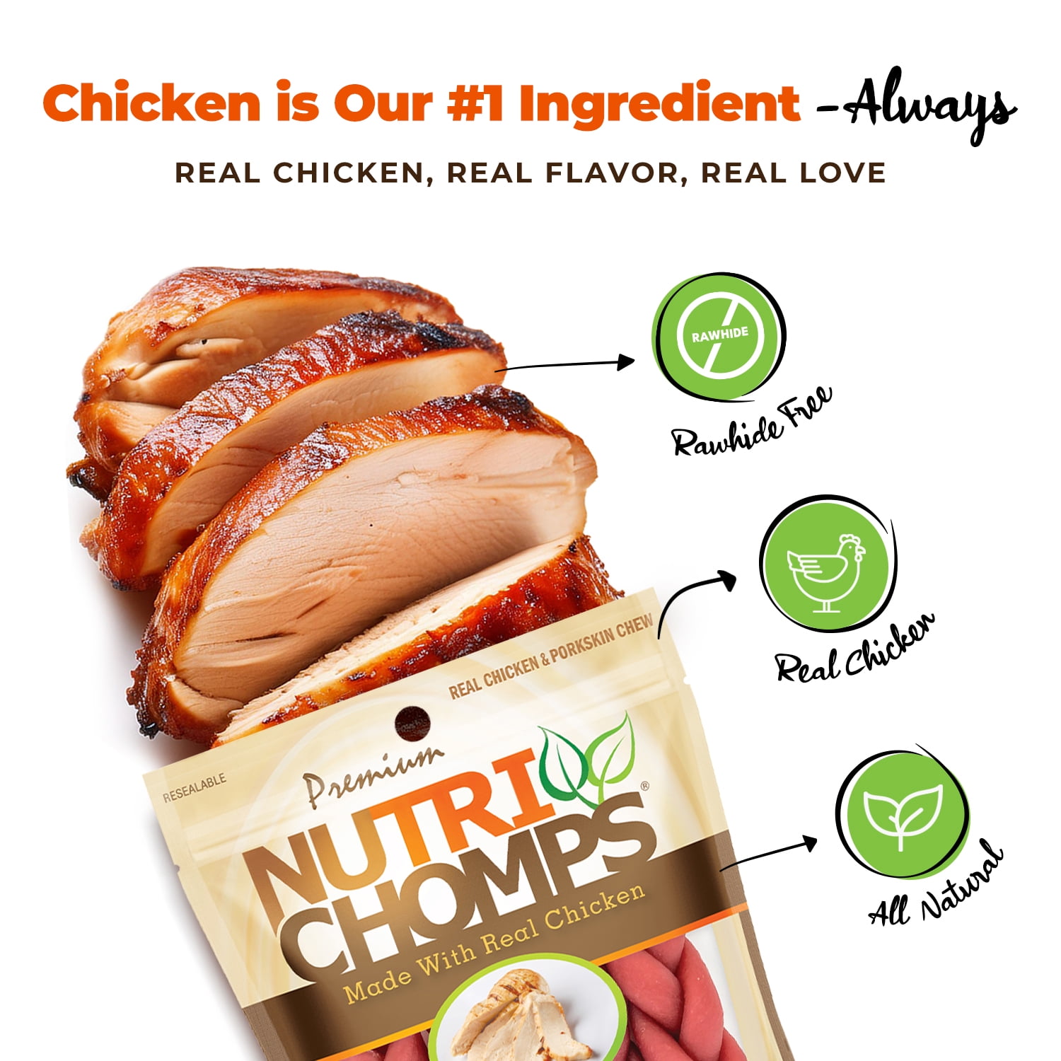 Nutri Chomps Premium Rawhide-Free Braided Dog Chews, Real Chicken, 6 Inch, 4 Count
