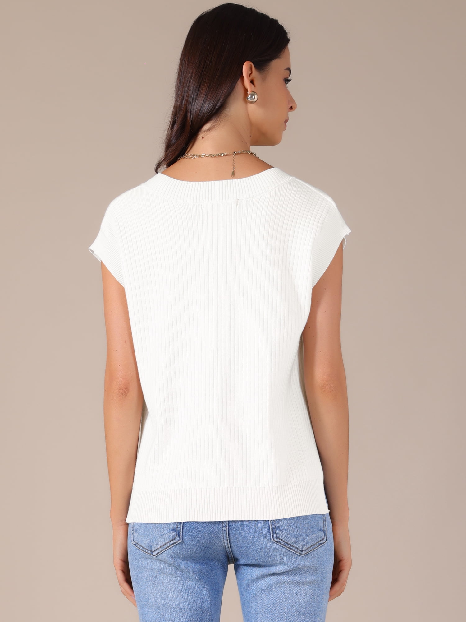DARING DIVA Women's V Neck Ribbed Knit Sleeveless Pullover Sweater Vest L White
