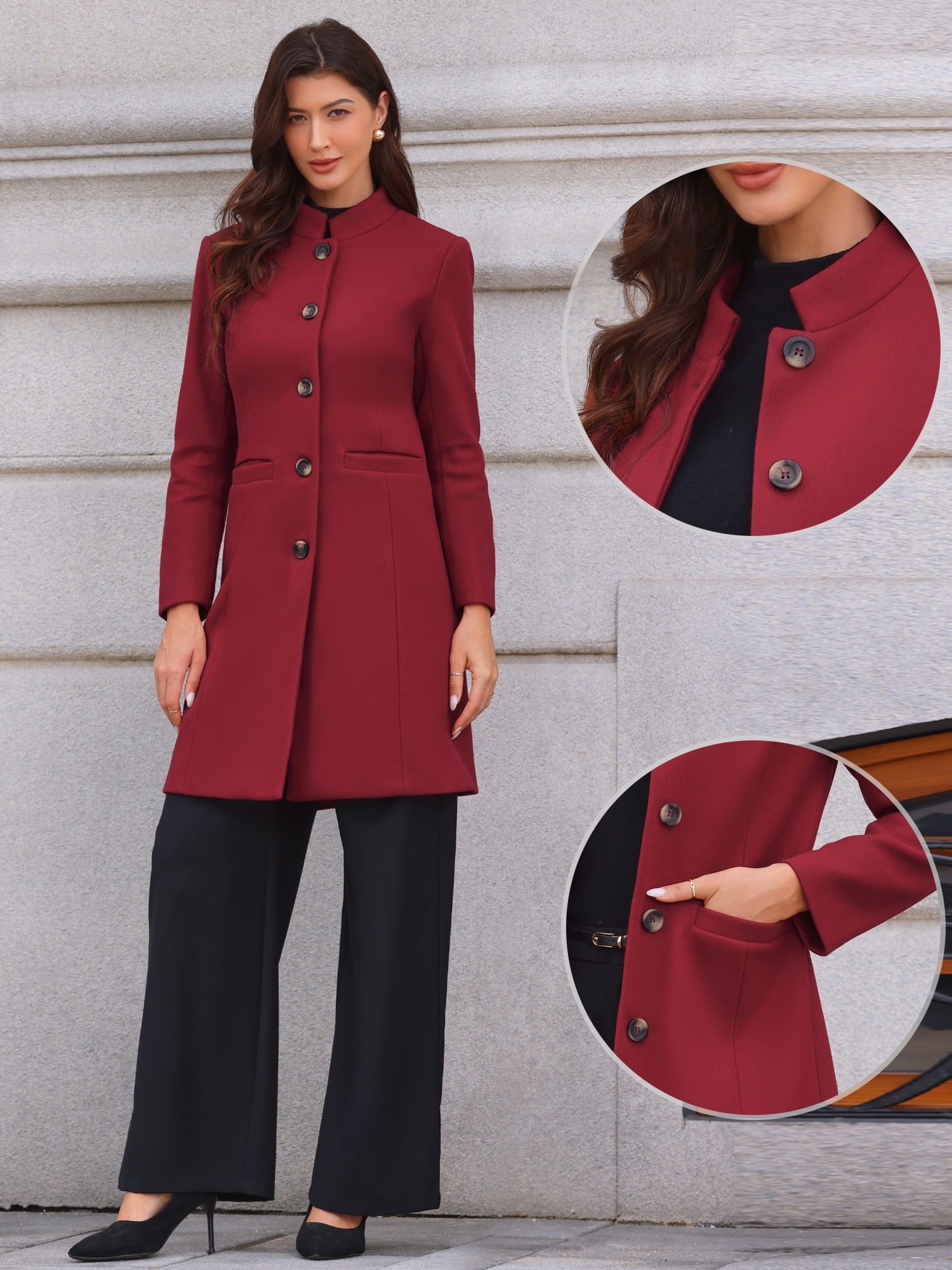 DARING DIVA Women's Stand Collar Mid-Length Overcoat with Pockets L Dark Red