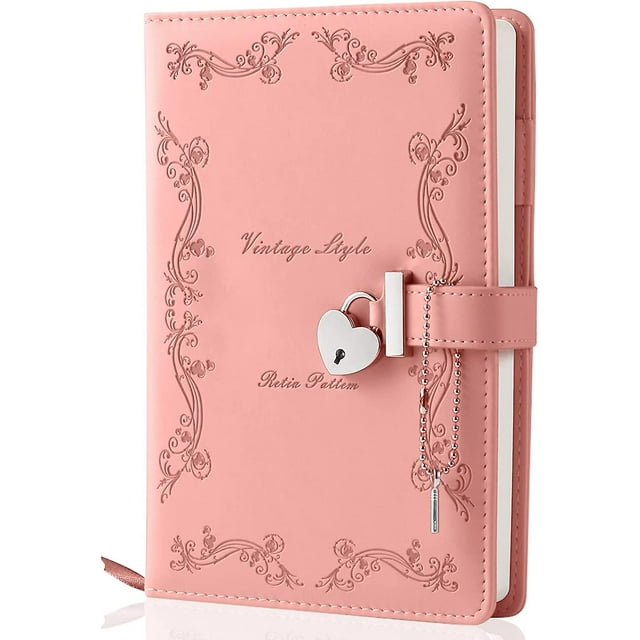 Diario con cerradura y llave para niñas Espesar 360 páginas Diario de bloqueo en forma de corazón de cuero Lindo cuaderno de diarios secretos bloqueados para mujeres adultas A5 (rosa