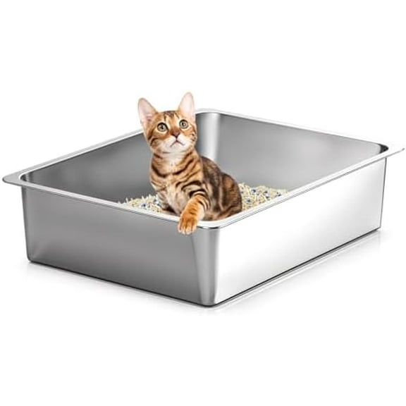 Stainless Steel Cat Litter Box, Small Metal High Sided Cat Pan Box, Indoor Litter Tray, Non Stick, No Smell, Easy to Clean, Pet Toilet Supplies for Cats