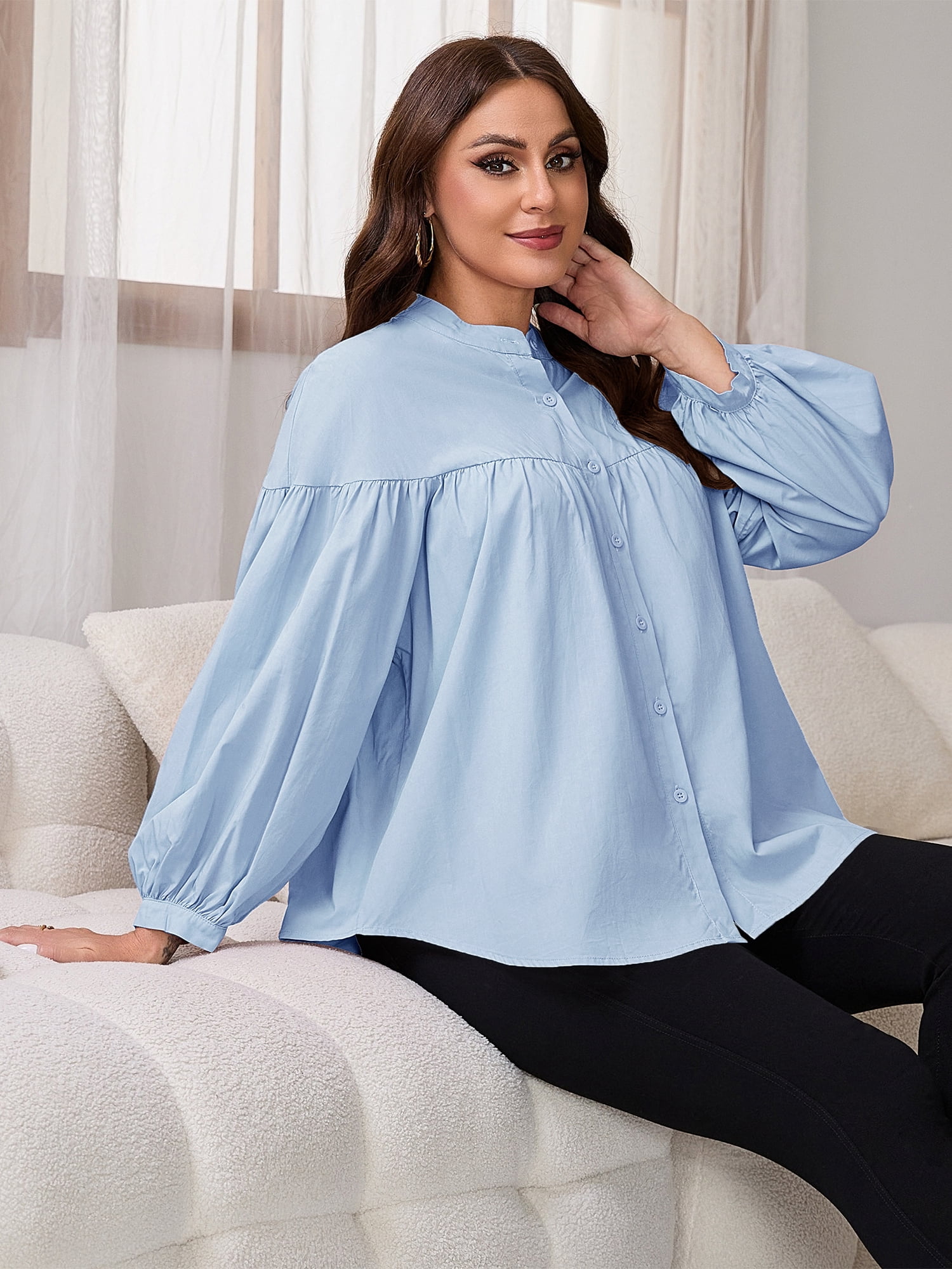 DARING DIVA Women's Maternity Nursing Button Down Business Pleated Tops L Blue