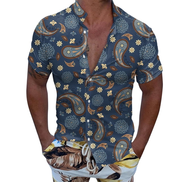 Camisas Hombre Hombres Casual Manga corta Primavera Verano Turndown Neck 3D Impreso Camisas Moda Top Blusa Camisas (Blue, L)