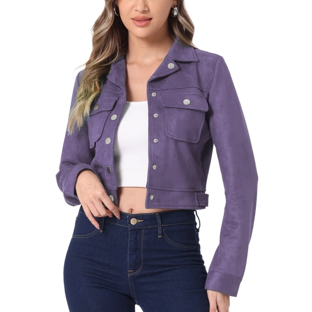 CHAQUETA MOTERA CORTA DE SUEDE FALSO CON CUELLO CAÍDO PARA MUJERES INSPIRE CHIC EN PURPURA