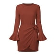 thumbnail image 6 of Liacowi Women Flare Long Sleeve Mini Dress Tie Waist Waffle Knit Short Dress Casual Crewneck Ruched Bodycon Sweater Dress, 6 of 9