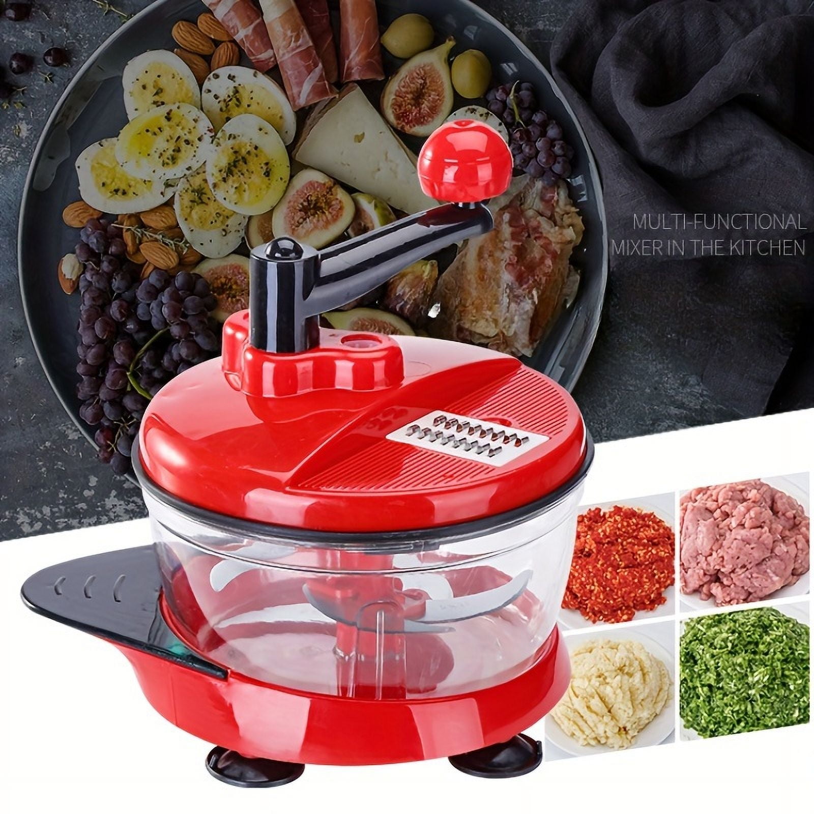 1 Pack Manual Food Processor Hand Crank Mincer Blender, Multi-Functional Without Electricity, Chopper for Vegetables Meat Fruits Nuts Herbs with Clear Container and Base