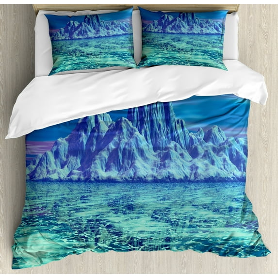Ice Berg Duvet Cover Set King Size, Illustration of an Arctic Landscape Scene Seascape Winter Layout, Decorative 3 Piece Bedding Set with 2 Pillow Shams, Mint Green and Multicolor, by Ambesonne