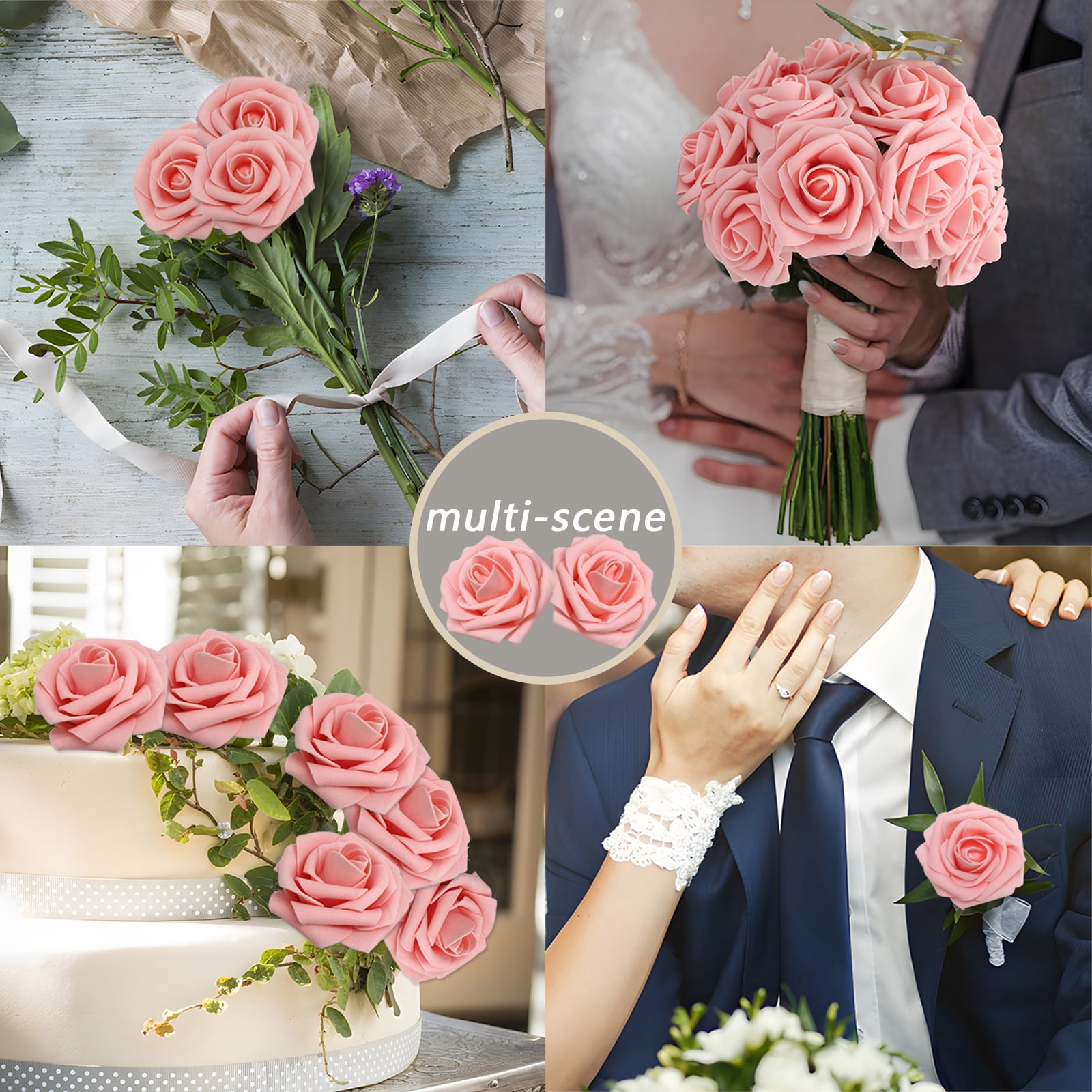 Artificial Flowers Pink Roses 200PCS Real Looking Foam Fake Roses with Leaves and for DIY Wedding Bouquets Bridal Shower Centerpieces Party Decorations