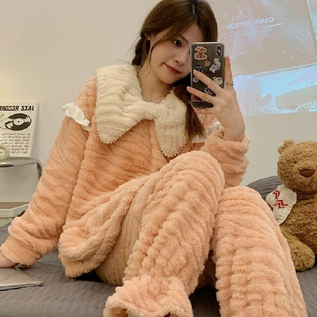 

PIKADINGNIS Womens Pajamas Set Winter Leisure Elastic Waist Thicken Warm Flannel Sleepwear Set Womens Long Sleeve Girls Homewear Clothes
