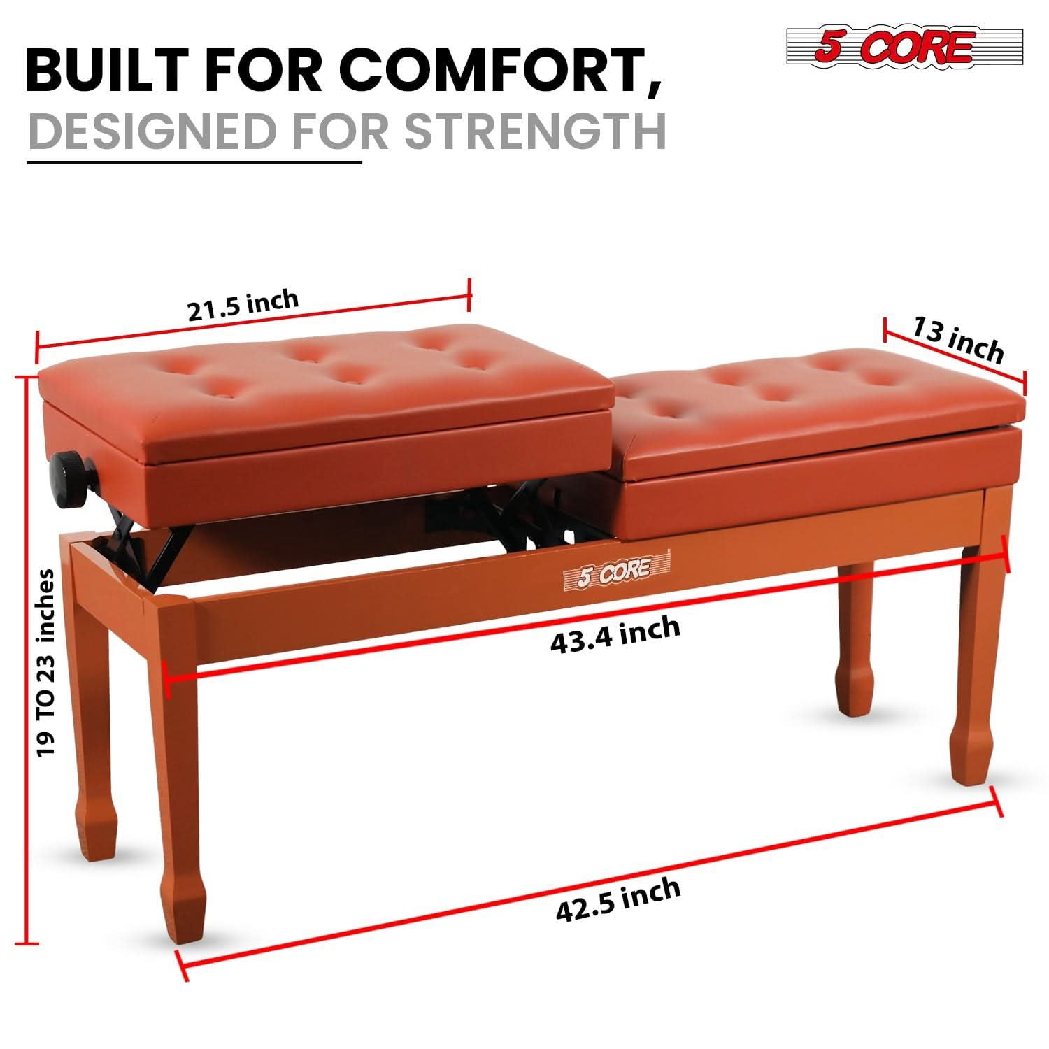 5 CORE Duet Piano Bench with Storage Thick Padded Cushion 3.5 Inch Adjustable Height Solid Wooden Double Keyboard Musician Seat with PU Leather Cushion Cherry Caramel Bro