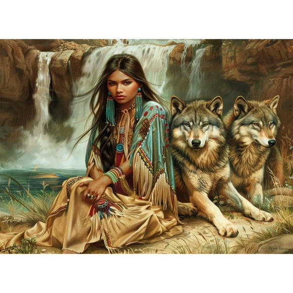 American Native Indian Woman Wolf Fall 5D Diamond Art Painting by Number Kits for Adults DIY Paint with Round Full Drill Diamond Gems Painting Art Craft for Home Wall Decor 11.8x15.8in(2)