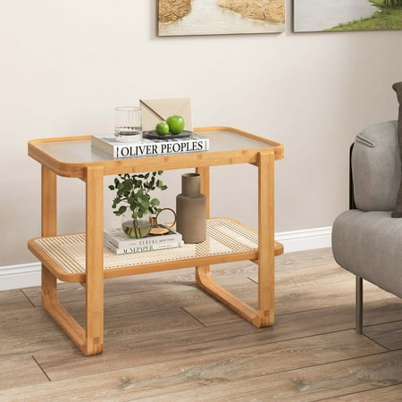 Costway 1 PC Bamboo Side Table with Rattan Shelf Glass Top Nightstand Small Sofa End Table - Natural