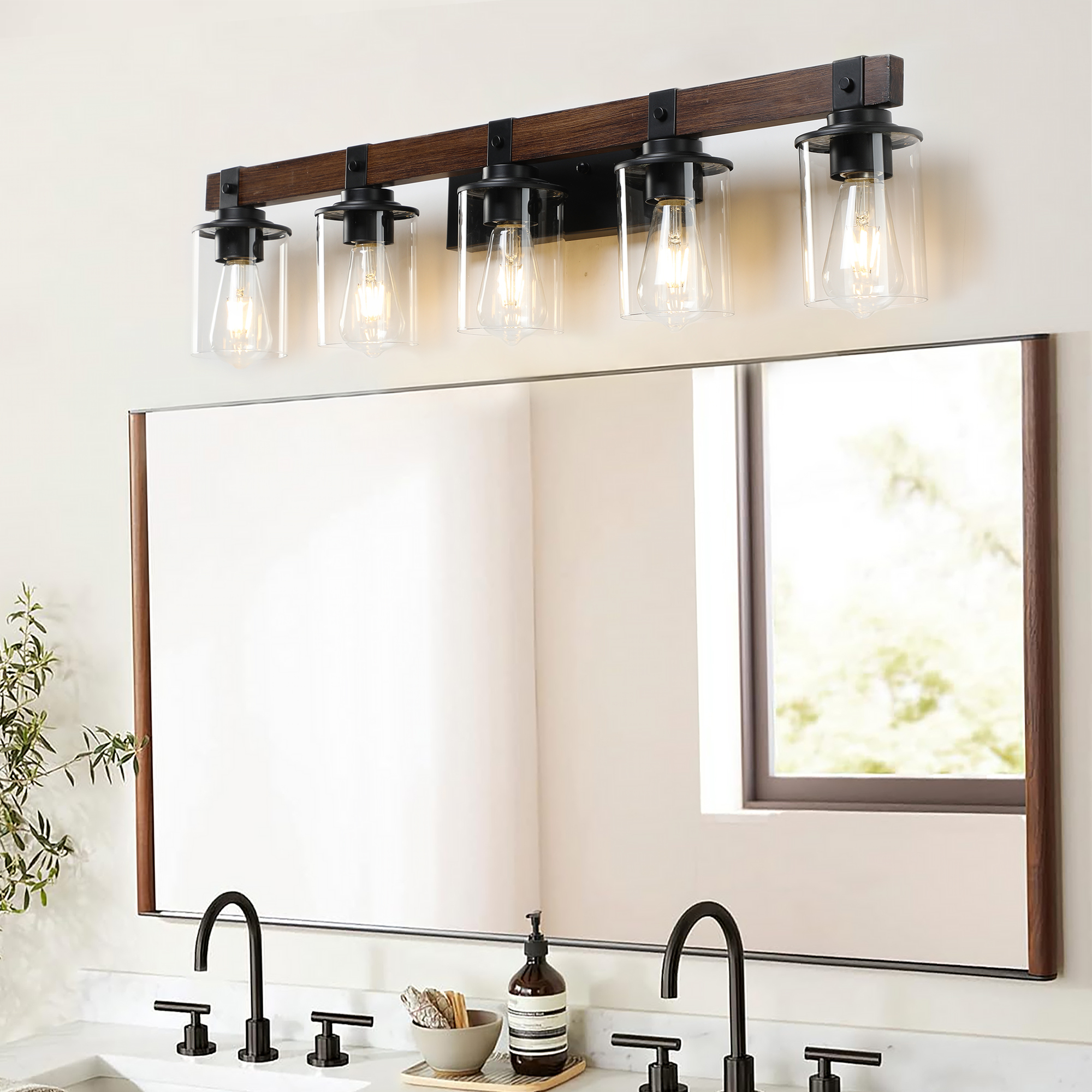 Leumius 5-Light Bathroom Vanity Light, Industrial Wall Sconce with Glass Shades and Wood Accent, Modern Farmhouse Lighting Fixture for Mirror, Bathroom, Bedroom and Hallway Walnut (No Bulbs)
