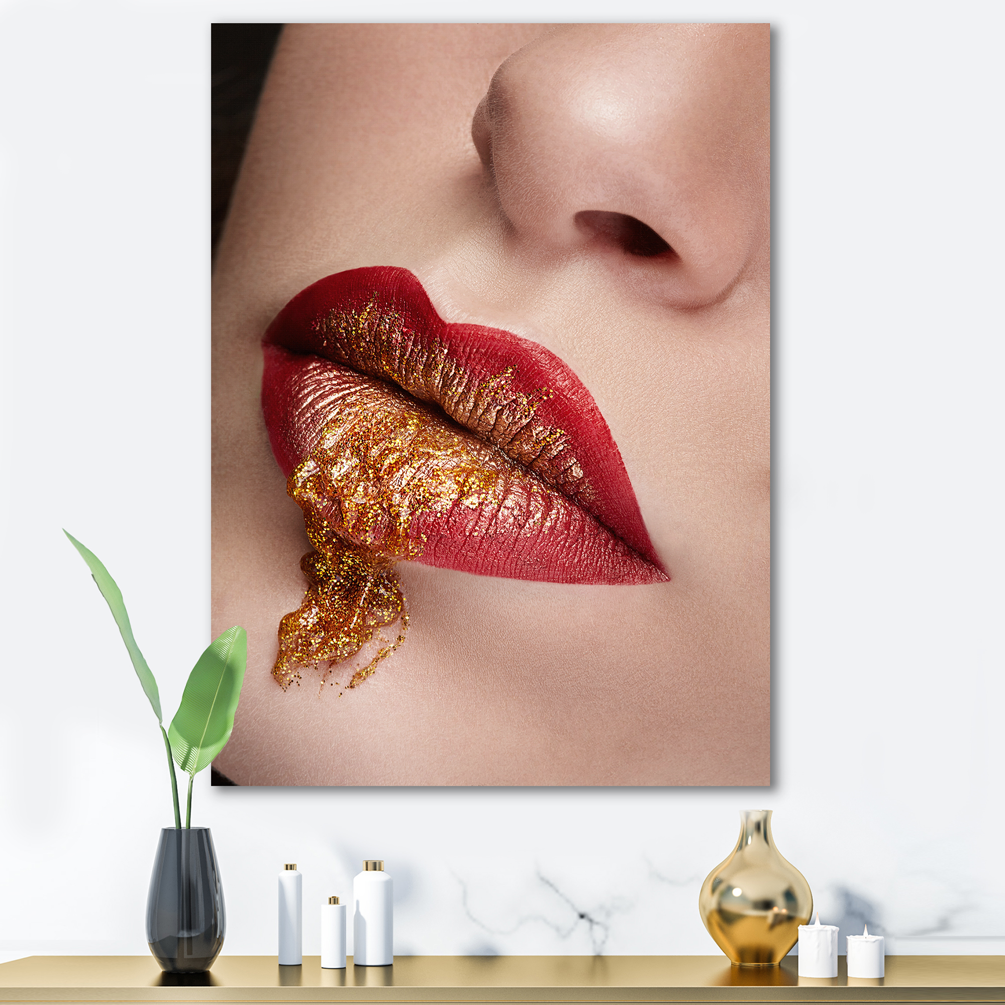 Designart ' Close Up Lips With Gold and Red Make Up ' Modern Canvas Wall Art Print
